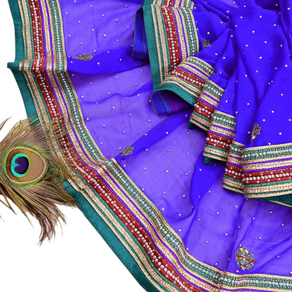 Indian Vintage Heavy Royal Blue Dupatta Pure Georgette Silk Long Stole Hand Embroidered Scarf Zari
