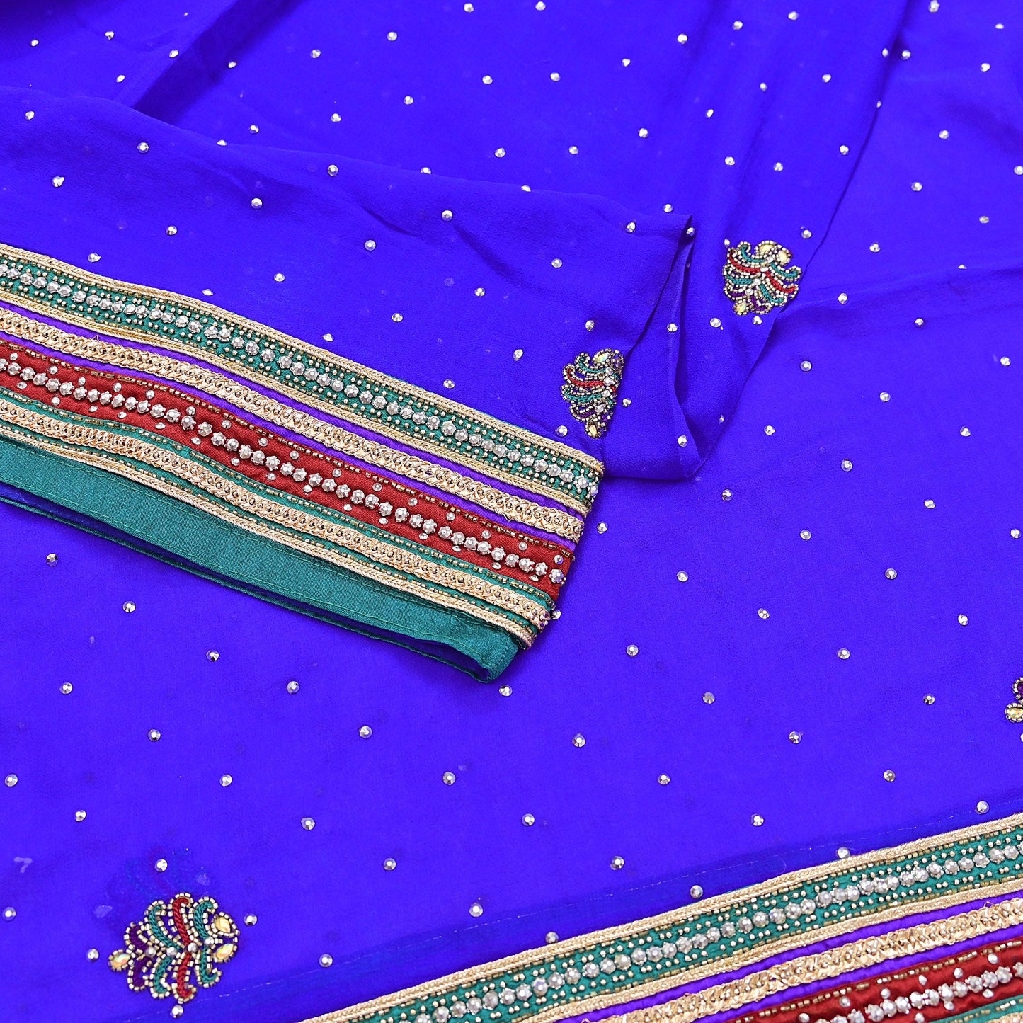 Indian Vintage Heavy Royal Blue Dupatta Pure Georgette Silk Long Stole Hand Embroidered Scarf Zari