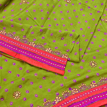 Indian Vintage Heavy green Dupatta Pure silk Long Stole Hand Embroidered Hijab Scarves Veil Wrap Zardozi Dabka