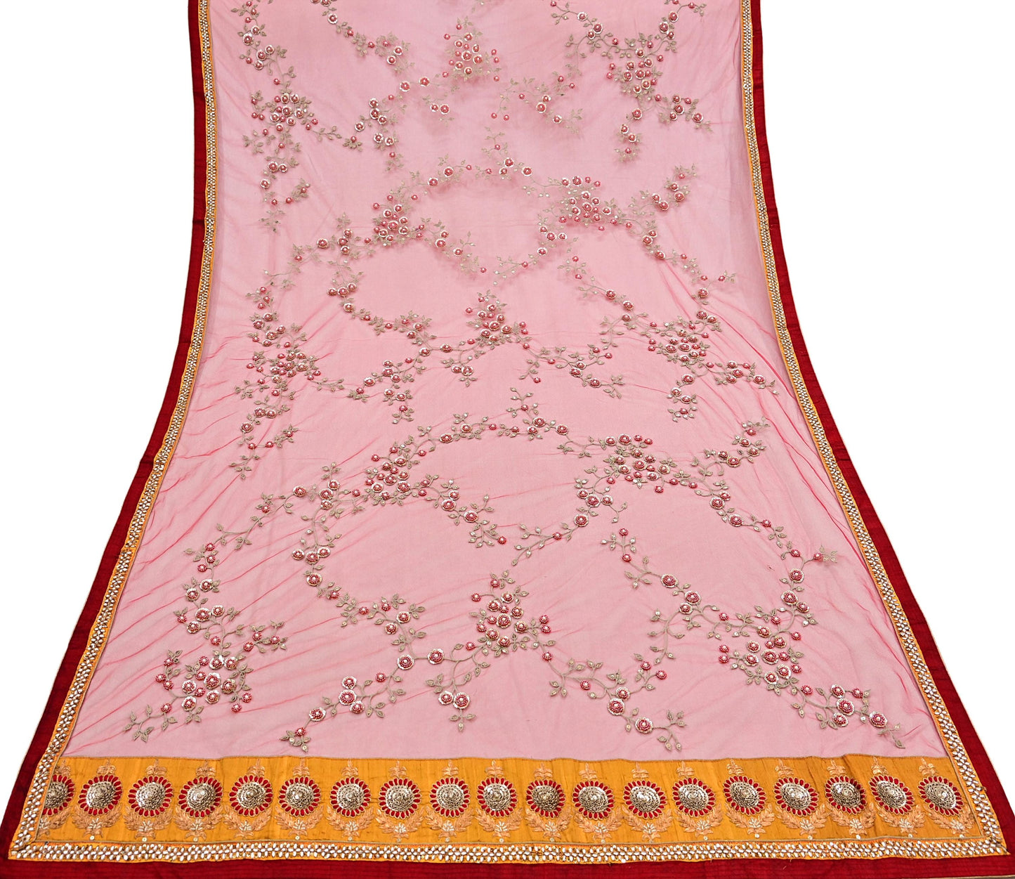 Indian Vintage Heavy Bridal Red Dupatta Net Mesh Long Stole Hand Embroidered Scarves Golden Zardozi Dabka Zari Sequins Wedding Veil Hijab