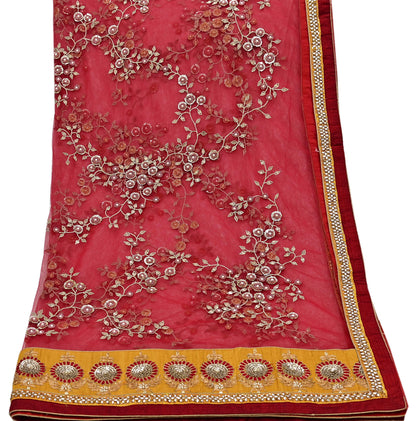 Indian Vintage Heavy Bridal Red Dupatta Net Mesh Long Stole Hand Embroidered Scarves Golden Zardozi Dabka Zari Sequins Wedding Veil Hijab