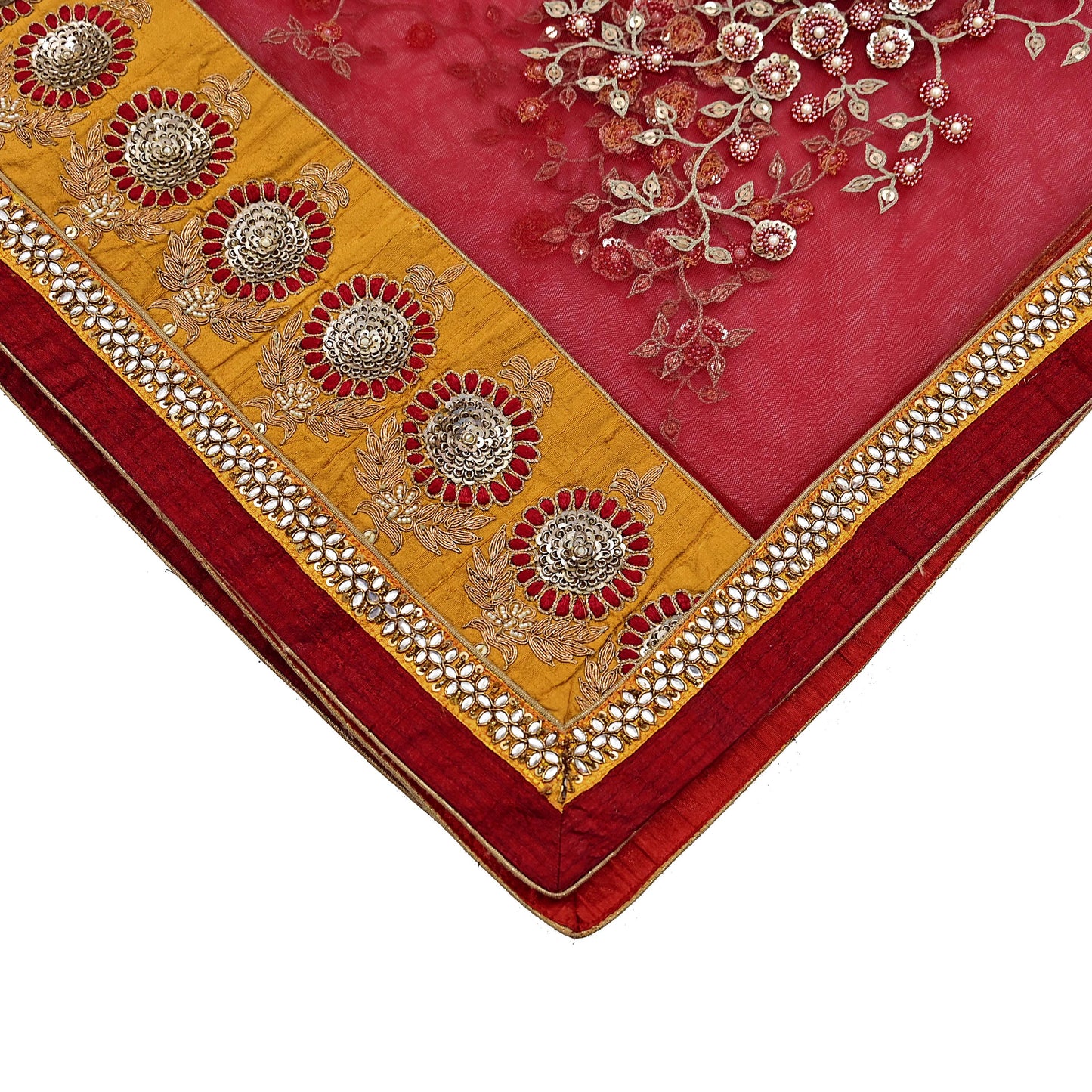 Indian Vintage Heavy Bridal Red Dupatta Net Mesh Long Stole Hand Embroidered Scarves Golden Zardozi Dabka Zari Sequins Wedding Veil Hijab
