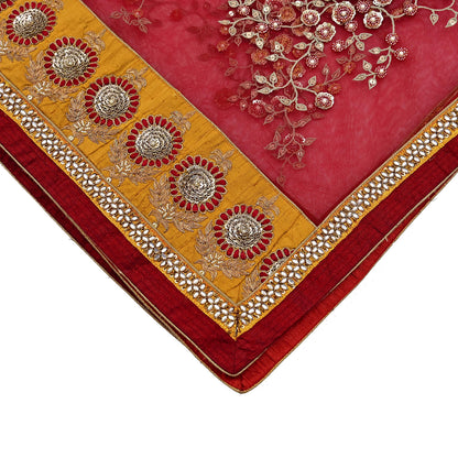 Indian Vintage Heavy Bridal Red Dupatta Net Mesh Long Stole Hand Embroidered Scarves Golden Zardozi Dabka Zari Sequins Wedding Veil Hijab