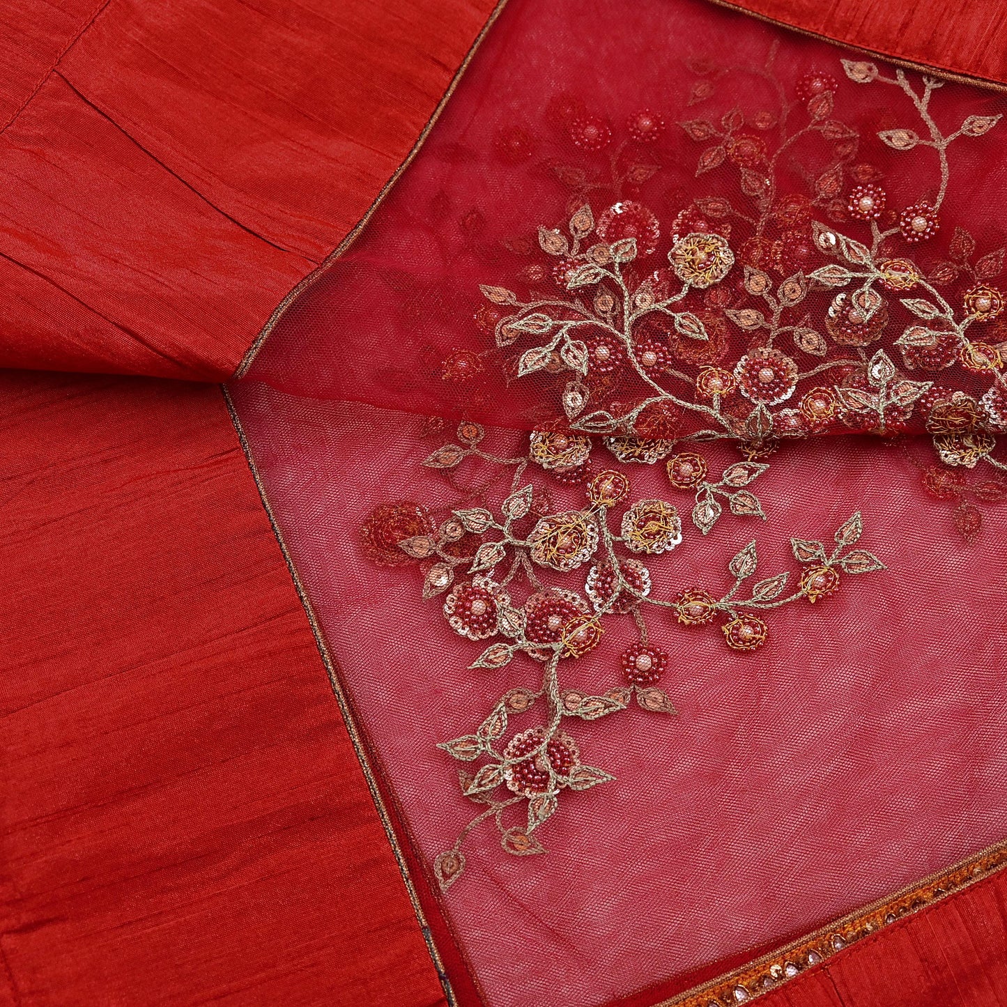 Indian Vintage Heavy Bridal Red Dupatta Net Mesh Long Stole Hand Embroidered Scarves Golden Zardozi Dabka Zari Sequins Wedding Veil Hijab
