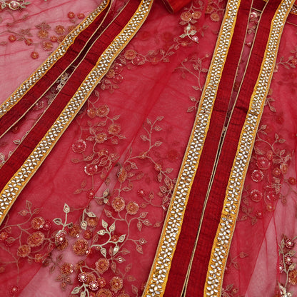 Indian Vintage Heavy Bridal Red Dupatta Net Mesh Long Stole Hand Embroidered Scarves Golden Zardozi Dabka Zari Sequins Wedding Veil Hijab