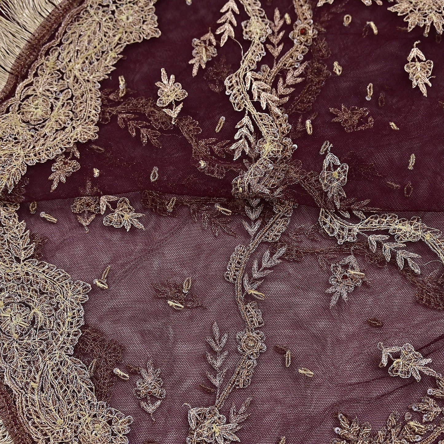 Indian Vintage Heavy Coffee Brown Dupatta Net Mesh Long Stole Hand Embroidered Scarf Zardozi Zari Sequins Stole Bridal Veil