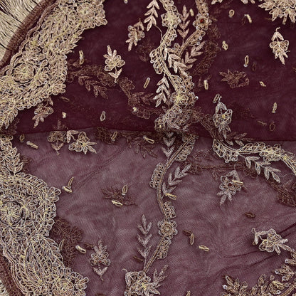 Indian Vintage Heavy Coffee Brown Dupatta Net Mesh Long Stole Hand Embroidered Scarf Zardozi Zari Sequins Stole Bridal Veil