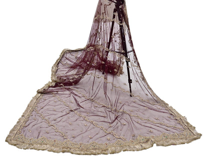 Indian Vintage Heavy Coffee Brown Dupatta Net Mesh Long Stole Hand Embroidered Scarf Zardozi Zari Sequins Stole Bridal Veil
