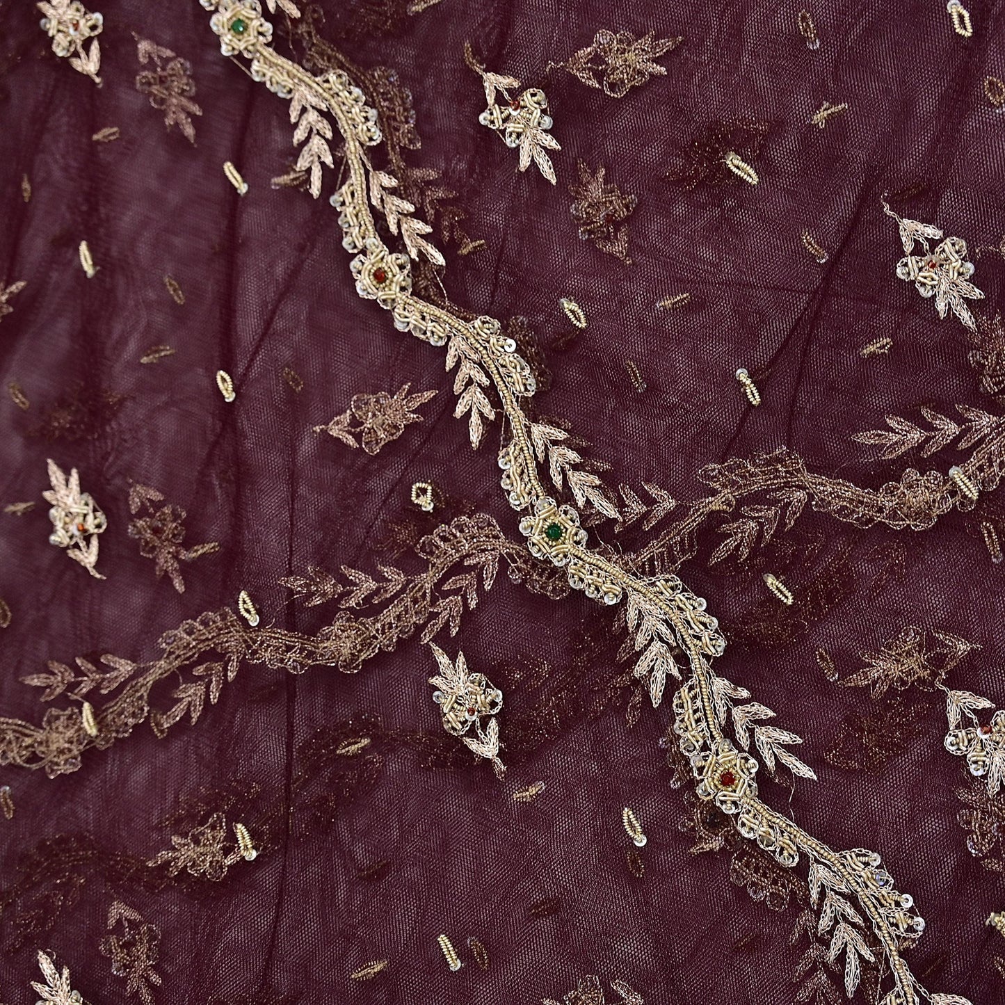 Indian Vintage Heavy Coffee Brown Dupatta Net Mesh Long Stole Hand Embroidered Scarf Zardozi Zari Sequins Stole Bridal Veil