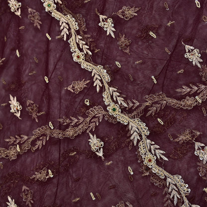 Indian Vintage Heavy Coffee Brown Dupatta Net Mesh Long Stole Hand Embroidered Scarf Zardozi Zari Sequins Stole Bridal Veil