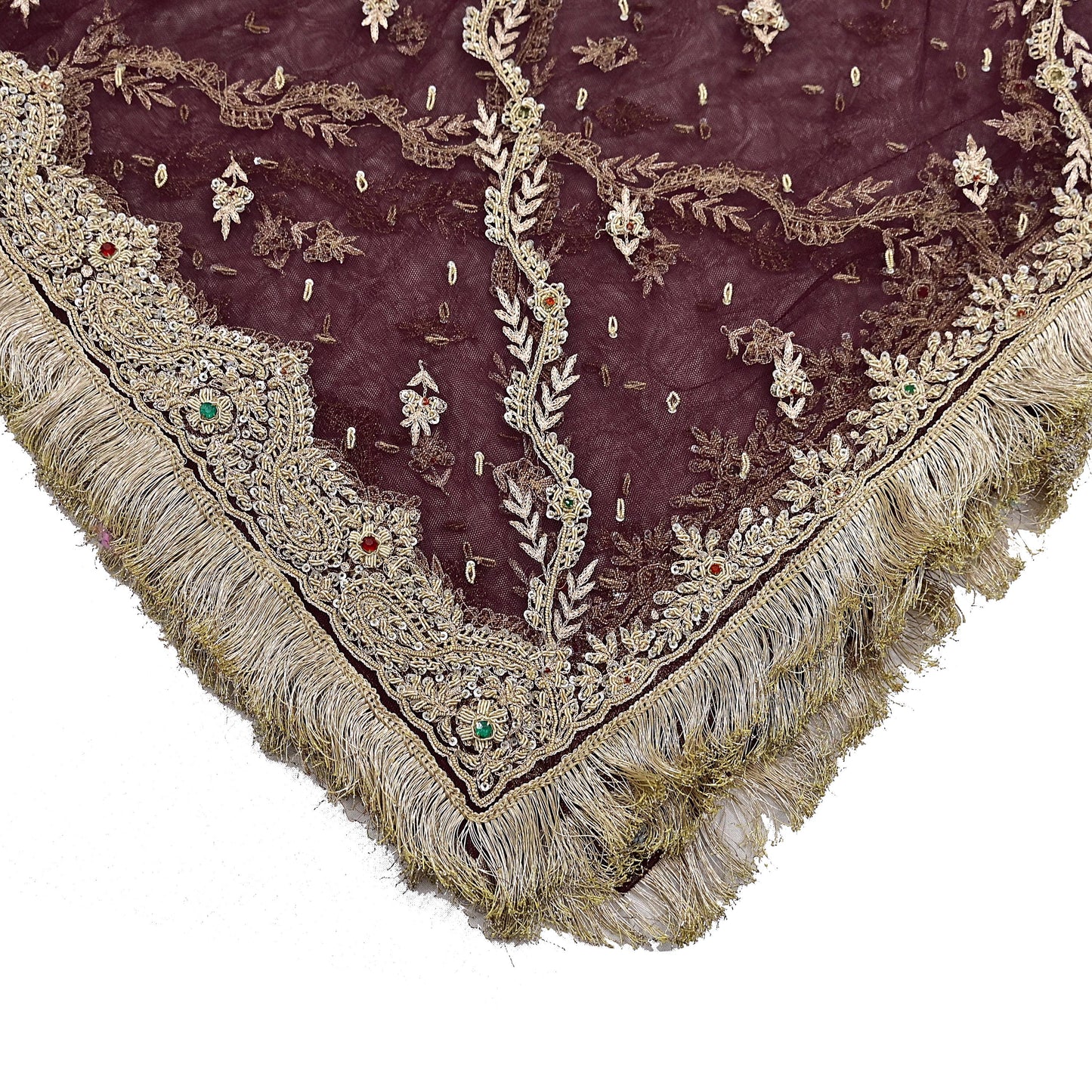 Indian Vintage Heavy Coffee Brown Dupatta Net Mesh Long Stole Hand Embroidered Scarf Zardozi Zari Sequins Stole Bridal Veil