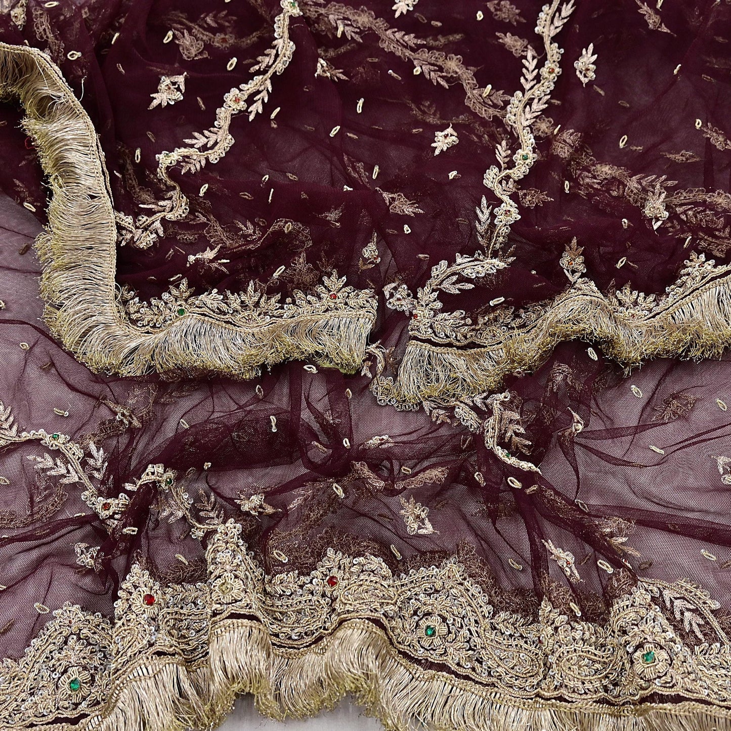 Indian Vintage Heavy Coffee Brown Dupatta Net Mesh Long Stole Hand Embroidered Scarf Zardozi Zari Sequins Stole Bridal Veil