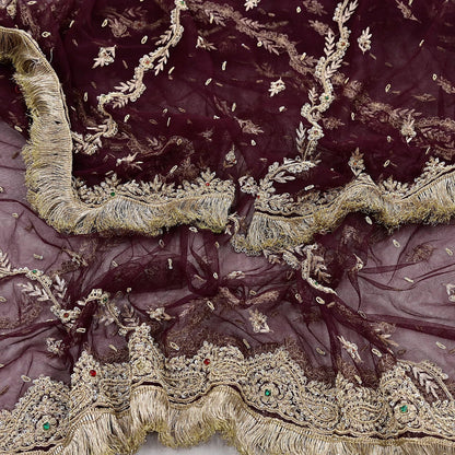 Indian Vintage Heavy Coffee Brown Dupatta Net Mesh Long Stole Hand Embroidered Scarf Zardozi Zari Sequins Stole Bridal Veil