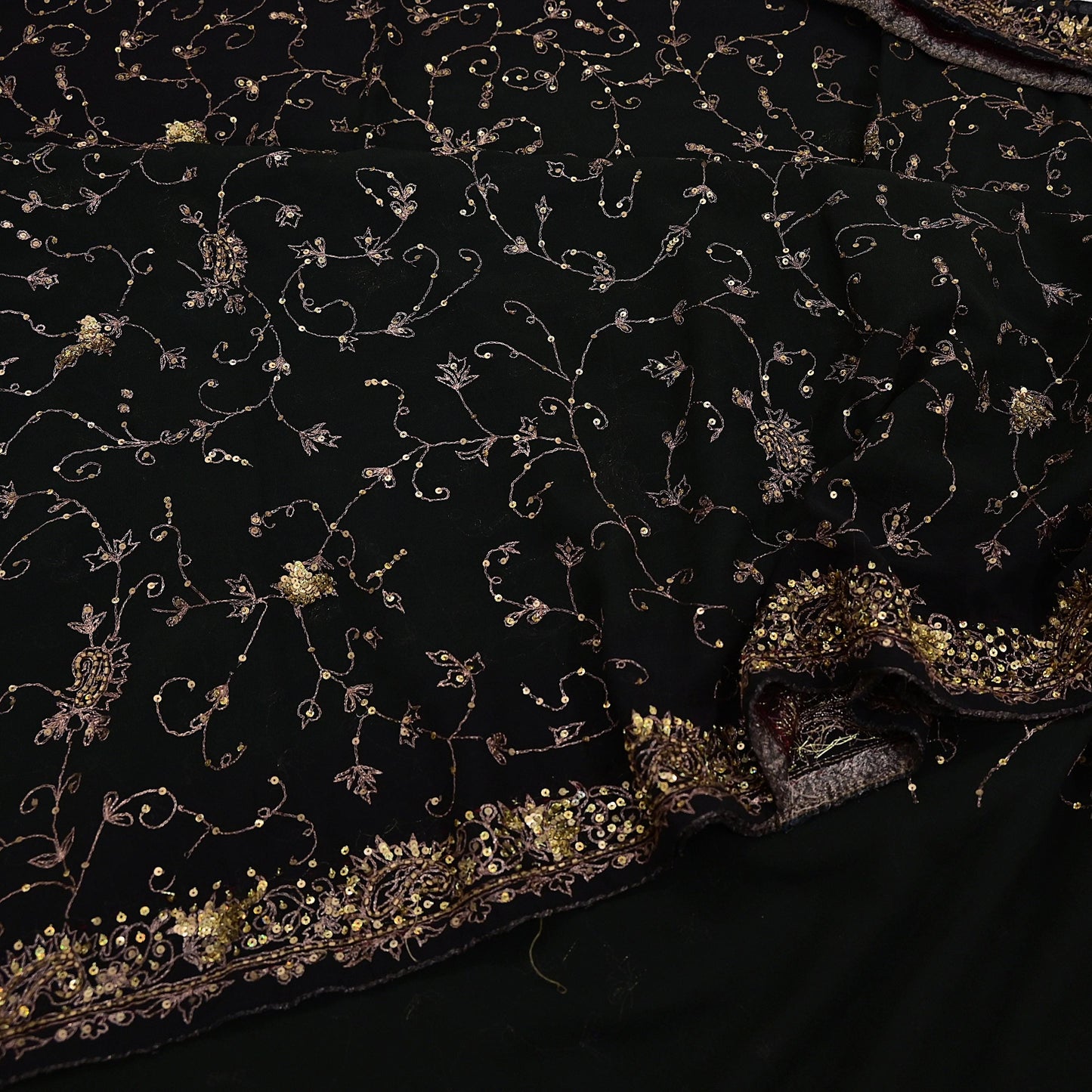Indian Vintage Heavy Sari Black Pure Georgette Silk Hand Beaded Sarees Craft Fabric 5Yd Sewing Soft Ethnic Wedding Dress making