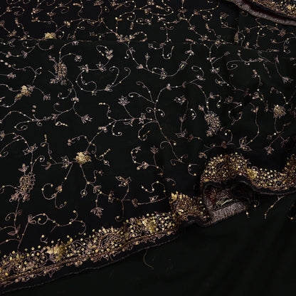 Indian Vintage Heavy Sari Black Pure Georgette Silk Hand Beaded Sarees Craft Fabric 5Yd Sewing Soft Ethnic Wedding Dress making