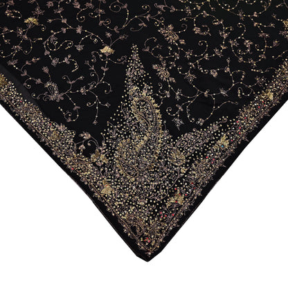 Indian Vintage Heavy Sari Black Pure Georgette Silk Hand Beaded Sarees Craft Fabric 5Yd Sewing Soft Ethnic Wedding Dress making