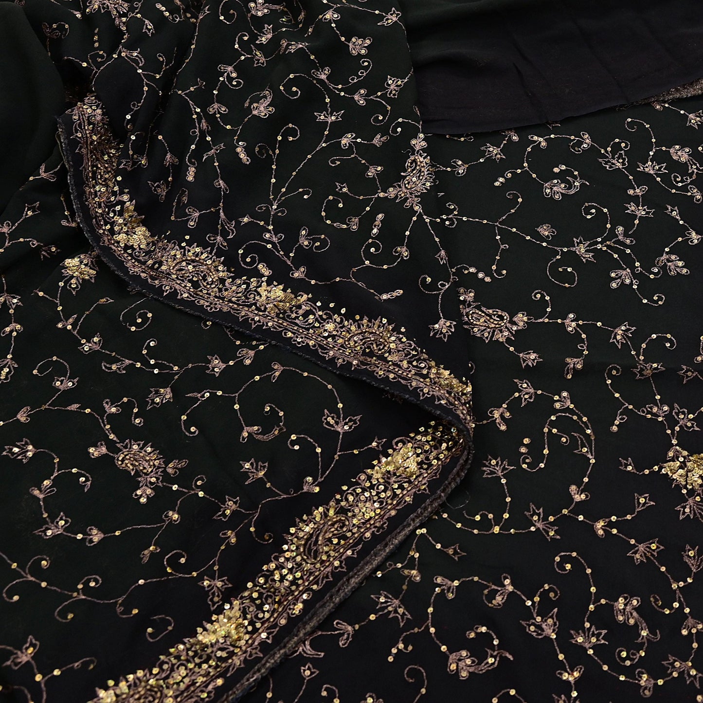 Indian Vintage Heavy Sari Black Pure Georgette Silk Hand Beaded Sarees Craft Fabric 5Yd Sewing Soft Ethnic Wedding Dress making