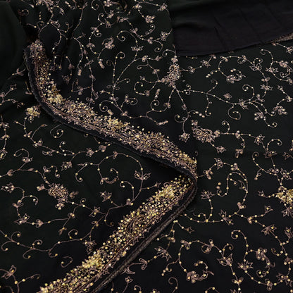 Indian Vintage Heavy Sari Black Pure Georgette Silk Hand Beaded Sarees Craft Fabric 5Yd Sewing Soft Ethnic Wedding Dress making