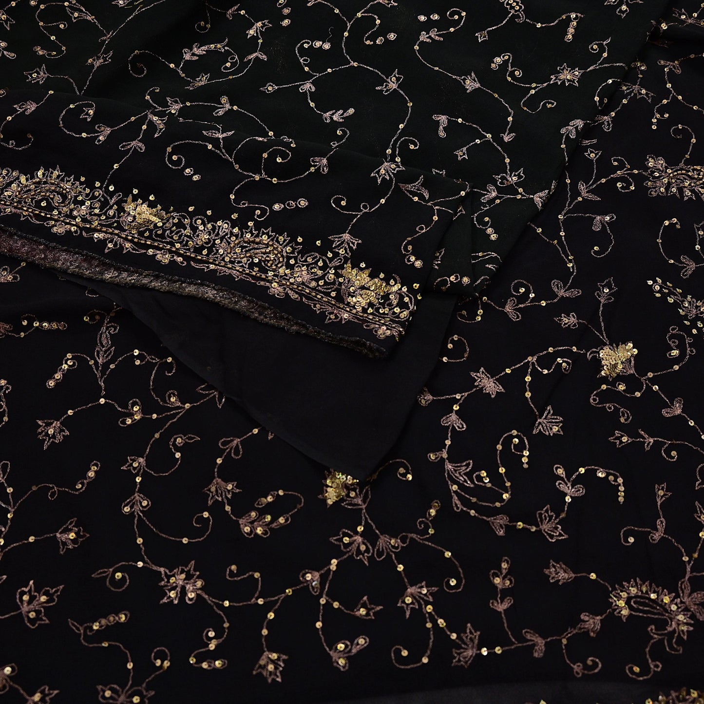 Indian Vintage Heavy Sari Black Pure Georgette Silk Hand Beaded Sarees Craft Fabric 5Yd Sewing Soft Ethnic Wedding Dress making