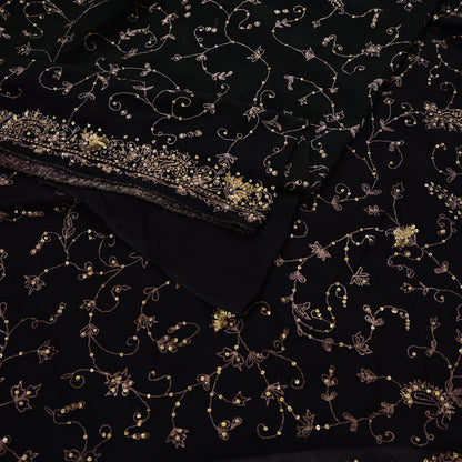 Indian Vintage Heavy Sari Black Pure Georgette Silk Hand Beaded Sarees Craft Fabric 5Yd Sewing Soft Ethnic Wedding Dress making