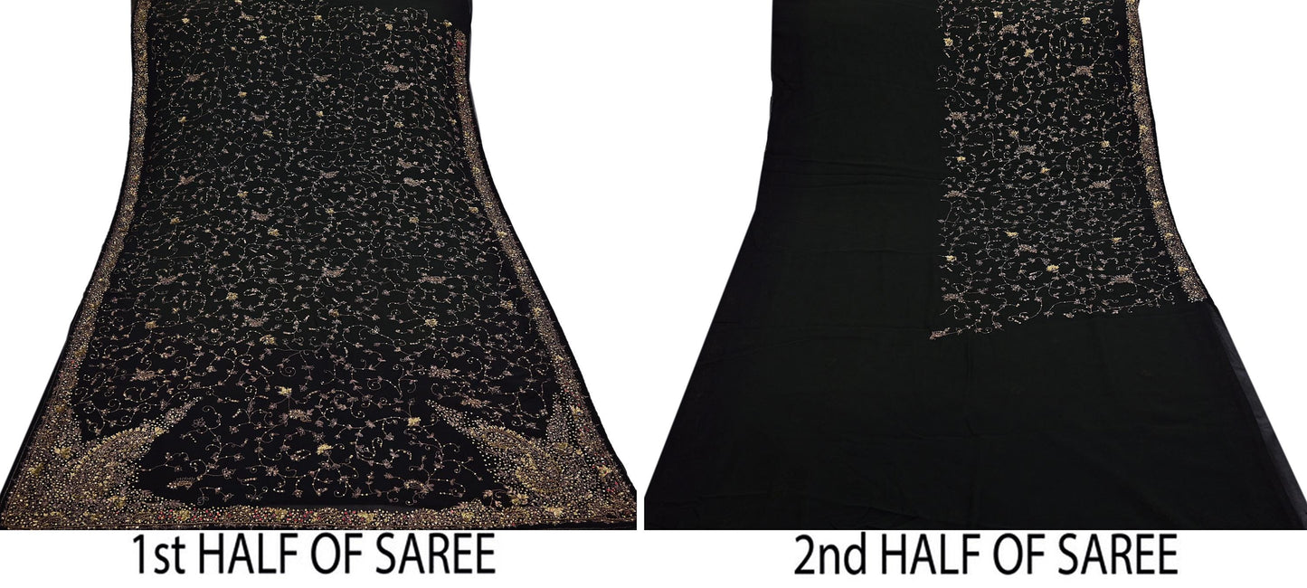 Indian Vintage Heavy Sari Black Pure Georgette Silk Hand Beaded Sarees Craft Fabric 5Yd Sewing Soft Ethnic Wedding Dress making