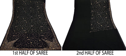 Indian Vintage Heavy Sari Black Pure Georgette Silk Hand Beaded Sarees Craft Fabric 5Yd Sewing Soft Ethnic Wedding Dress making