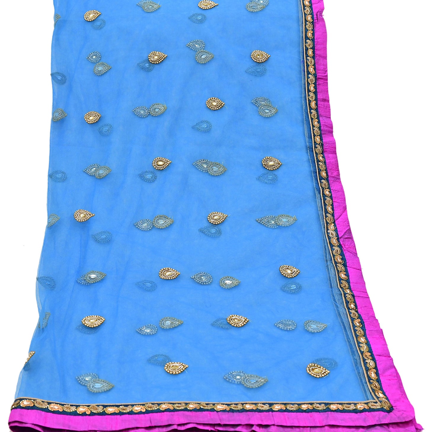 Indian Vintage Heavy Blue Dupatta Net Mesh Long Stole Hand Embroidered Scarves Golden Zardozi Zari Sequins Hijab Veil wrap Boho