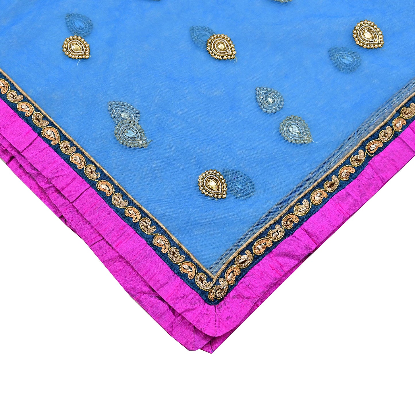 Indian Vintage Heavy Blue Dupatta Net Mesh Long Stole Hand Embroidered Scarves Golden Zardozi Zari Sequins Hijab Veil wrap Boho