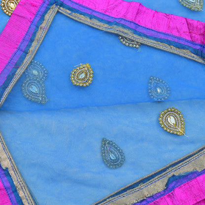 Indian Vintage Heavy Blue Dupatta Net Mesh Long Stole Hand Embroidered Scarves Golden Zardozi Zari Sequins Hijab Veil wrap Boho