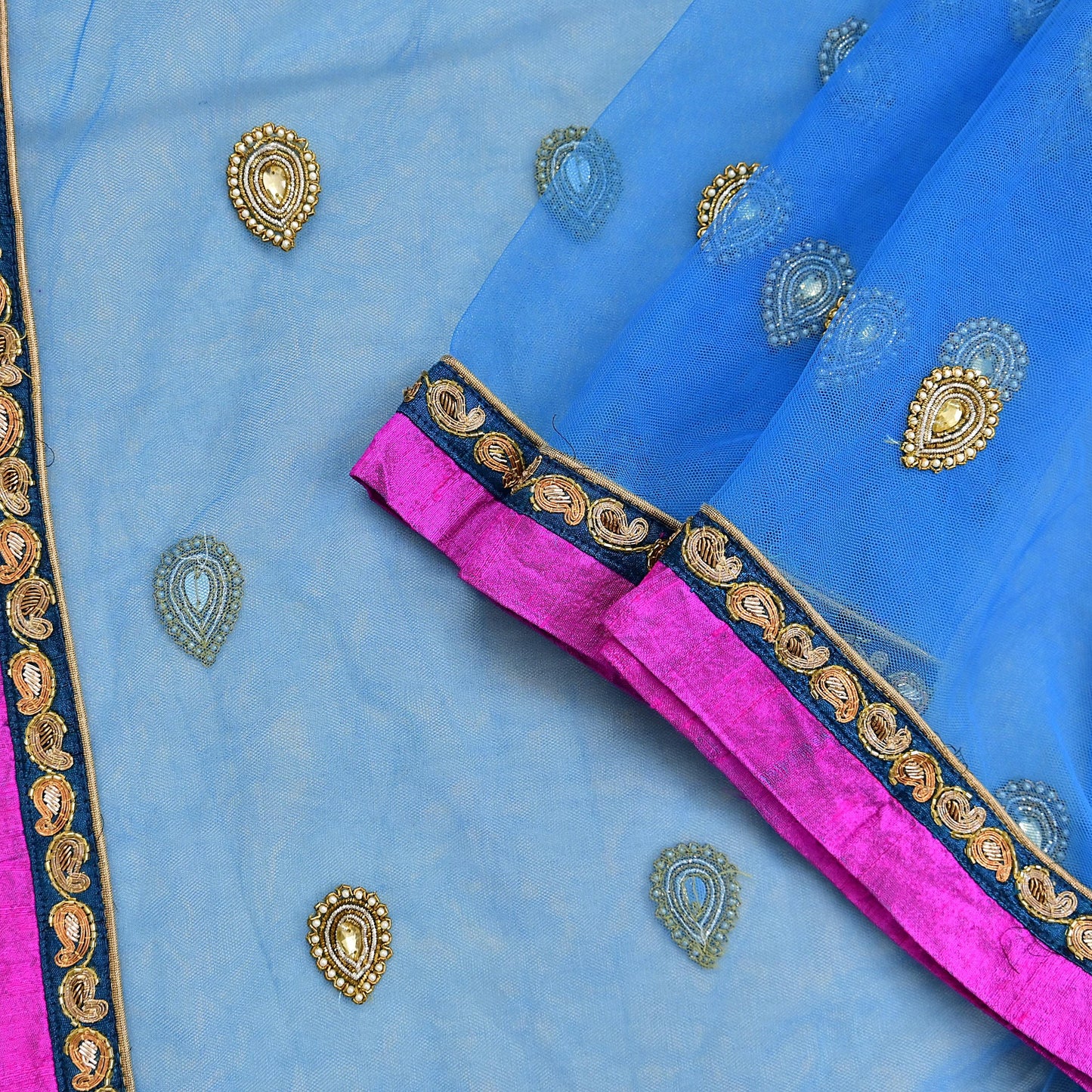 Indian Vintage Heavy Blue Dupatta Net Mesh Long Stole Hand Embroidered Scarves Golden Zardozi Zari Sequins Hijab Veil wrap Boho