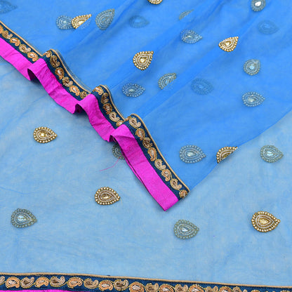 Indian Vintage Heavy Blue Dupatta Net Mesh Long Stole Hand Embroidered Scarves Golden Zardozi Zari Sequins Hijab Veil wrap Boho