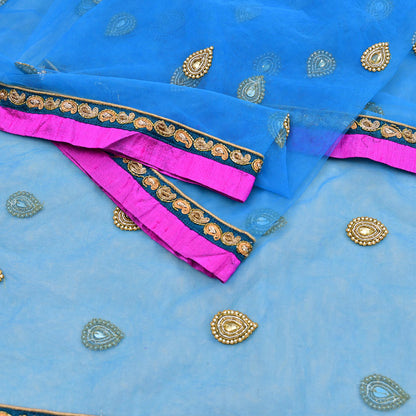 Indian Vintage Heavy Blue Dupatta Net Mesh Long Stole Hand Embroidered Scarves Golden Zardozi Zari Sequins Hijab Veil wrap Boho