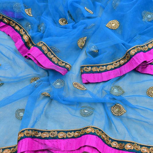 Indian Vintage Heavy Blue Dupatta Net Mesh Long Stole Hand Embroidered Scarves Golden Zardozi Zari Sequins Hijab Veil wrap Boho