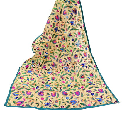 Indian Vintage Dupatta Beige Long Stole Chanderi Hand Embroidered Phulkari Stole Scarves Party wear Veil Hijab Wrap Scarf