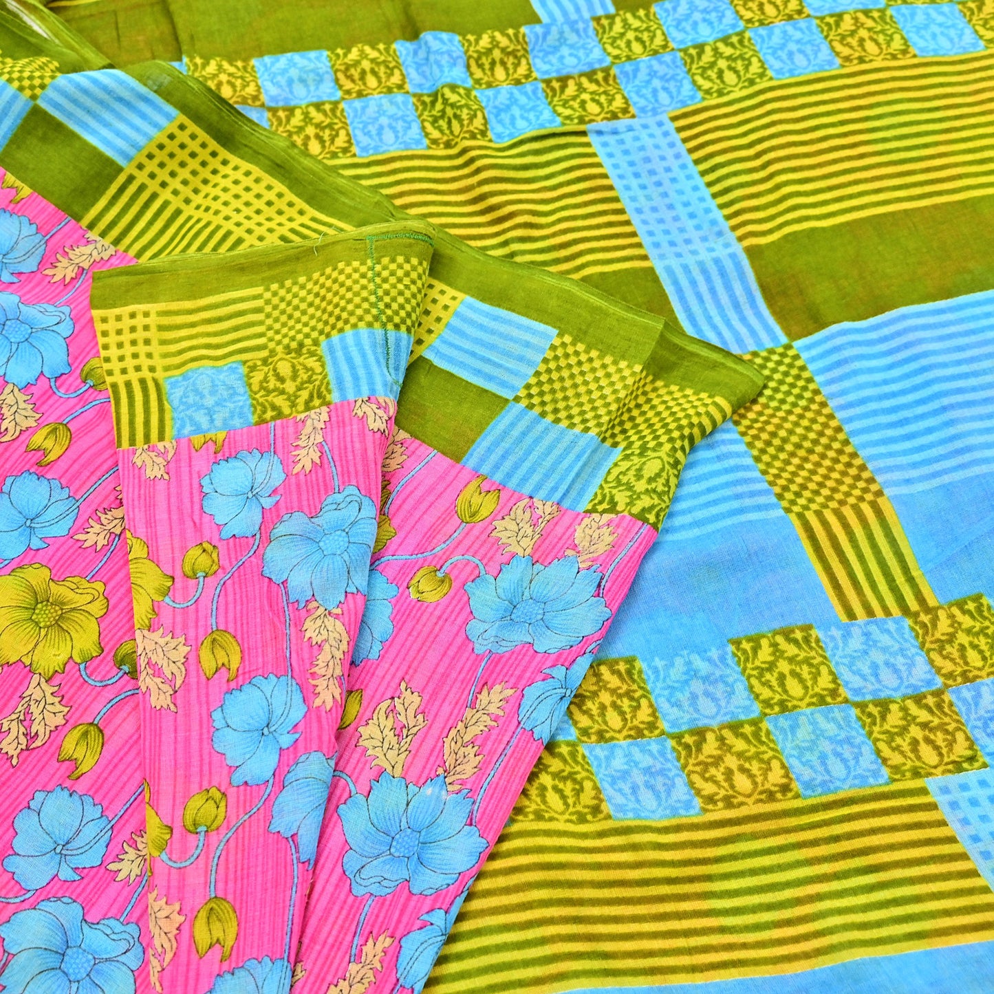 Indian Vintage Sari Blue & Pink Printed Pure Cotton Saree Craft Fabric 5Yd Soft Sewing Sarong Wrap Boho Floral Dress making Crafting