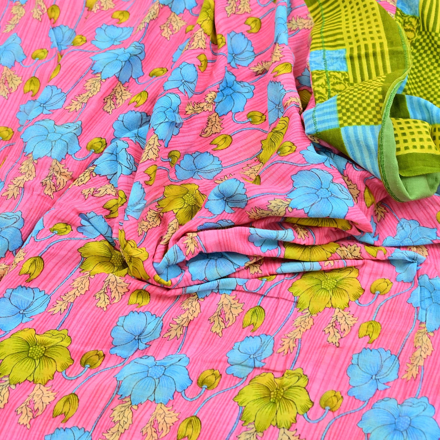 Indian Vintage Sari Blue & Pink Printed Pure Cotton Saree Craft Fabric 5Yd Soft Sewing Sarong Wrap Boho Floral Dress making Crafting