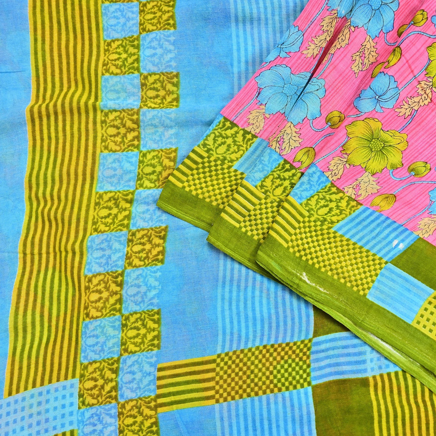 Indian Vintage Sari Blue & Pink Printed Pure Cotton Saree Craft Fabric 5Yd Soft Sewing Sarong Wrap Boho Floral Dress making Crafting