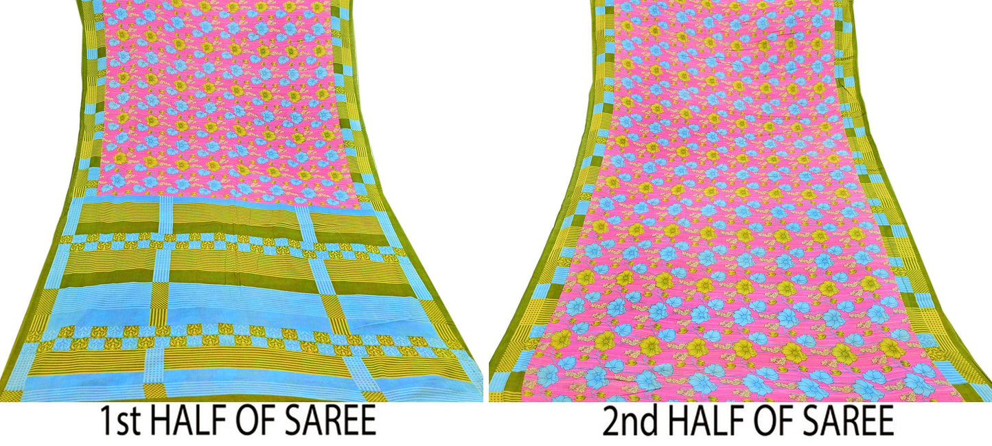 Indian Vintage Sari Blue & Pink Printed Pure Cotton Saree Craft Fabric 5Yd Soft Sewing Sarong Wrap Boho Floral Dress making Crafting