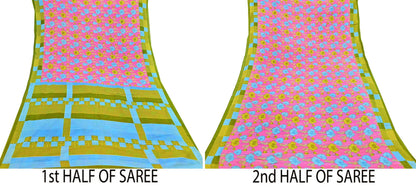 Indian Vintage Sari Blue & Pink Printed Pure Cotton Saree Craft Fabric 5Yd Soft Sewing Sarong Wrap Boho Floral Dress making Crafting