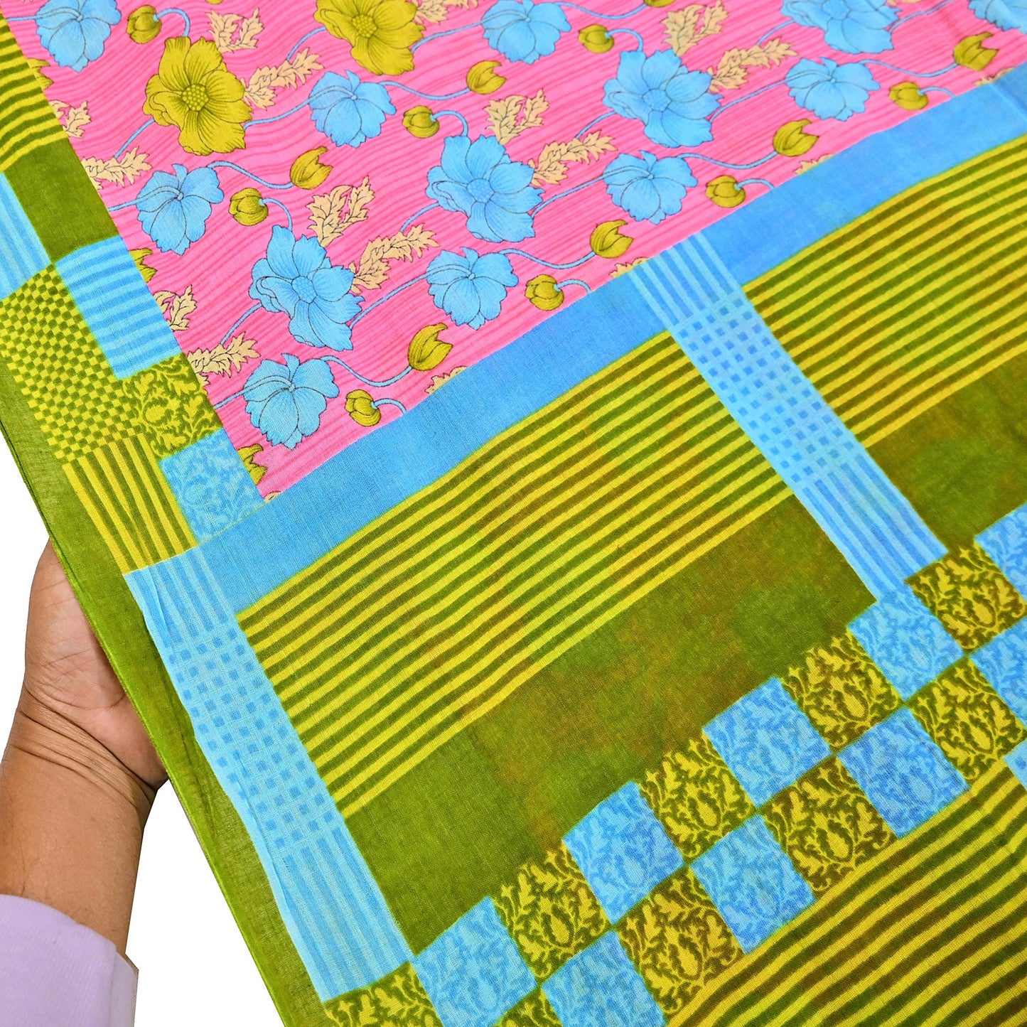 Indian Vintage Sari Blue & Pink Printed Pure Cotton Saree Craft Fabric 5Yd Soft Sewing Sarong Wrap Boho Floral Dress making Crafting