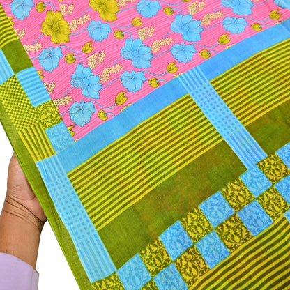 Indian Vintage Sari Blue & Pink Printed Pure Cotton Saree Craft Fabric 5Yd Soft Sewing Sarong Wrap Boho Floral Dress making Crafting