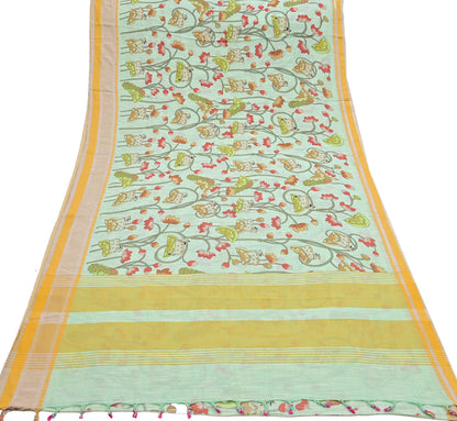 Indian Vintage sage Green Saree Pure Cotton Printed Woven Sari Craft Soft Fabric 5Yd Sewing Sarong Wrap Boho Abstract Design