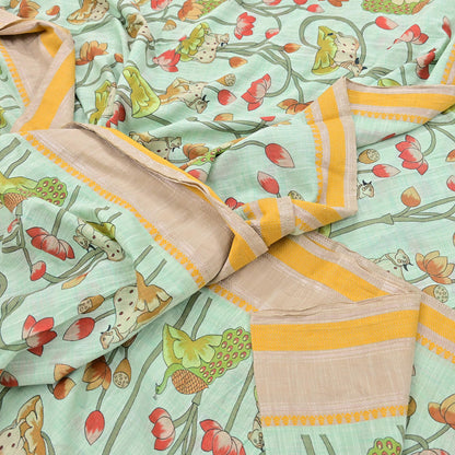 Indian Vintage sage Green Saree Pure Cotton Printed Woven Sari Craft Soft Fabric 5Yd Sewing Sarong Wrap Boho Abstract Design