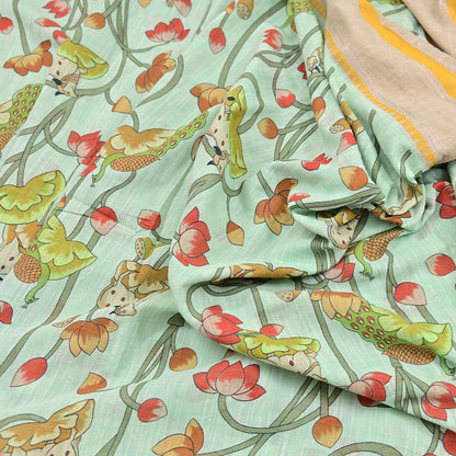 Indian Vintage sage Green Saree Pure Cotton Printed Woven Sari Craft Soft Fabric 5Yd Sewing Sarong Wrap Boho Abstract Design