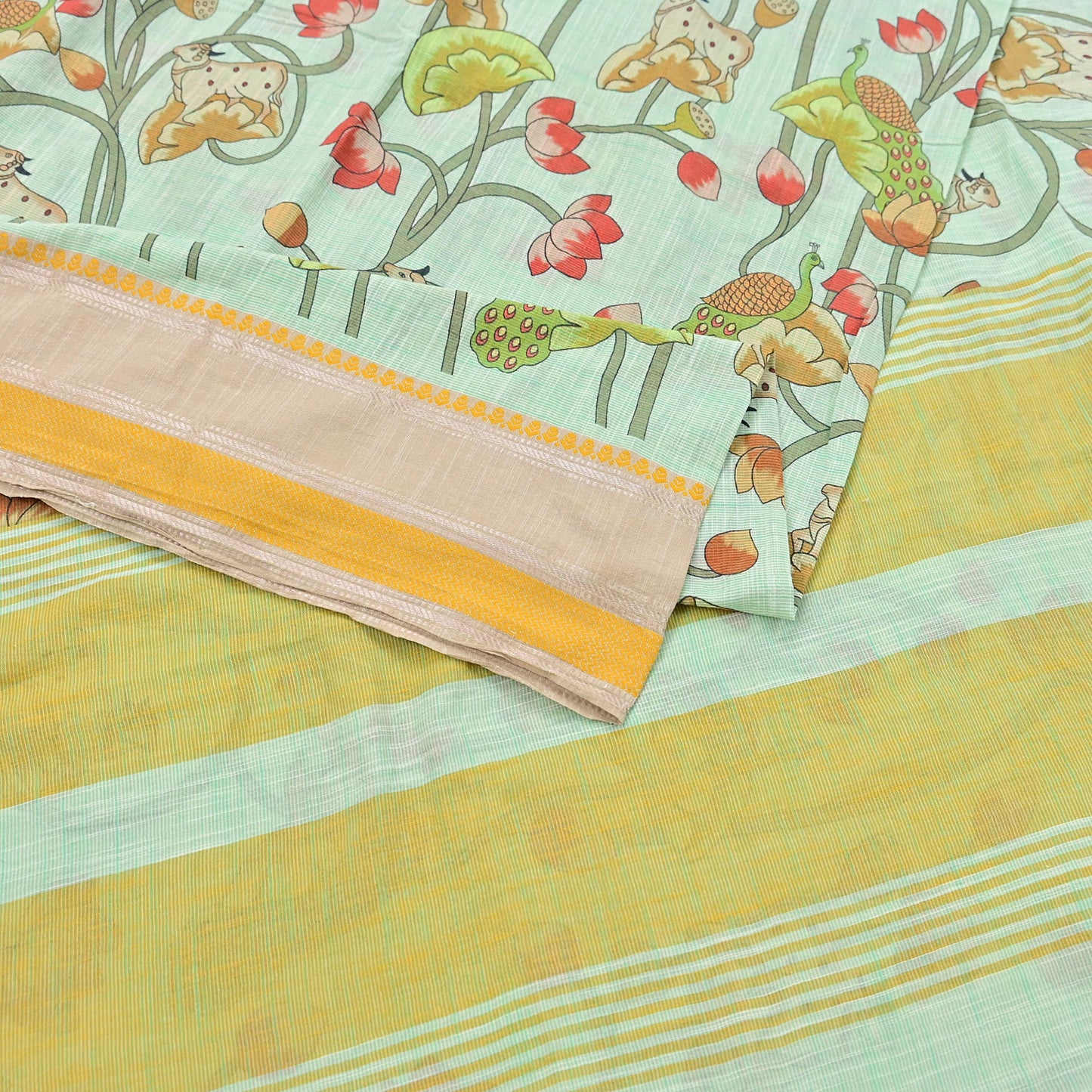 Indian Vintage sage Green Saree Pure Cotton Printed Woven Sari Craft Soft Fabric 5Yd Sewing Sarong Wrap Boho Abstract Design