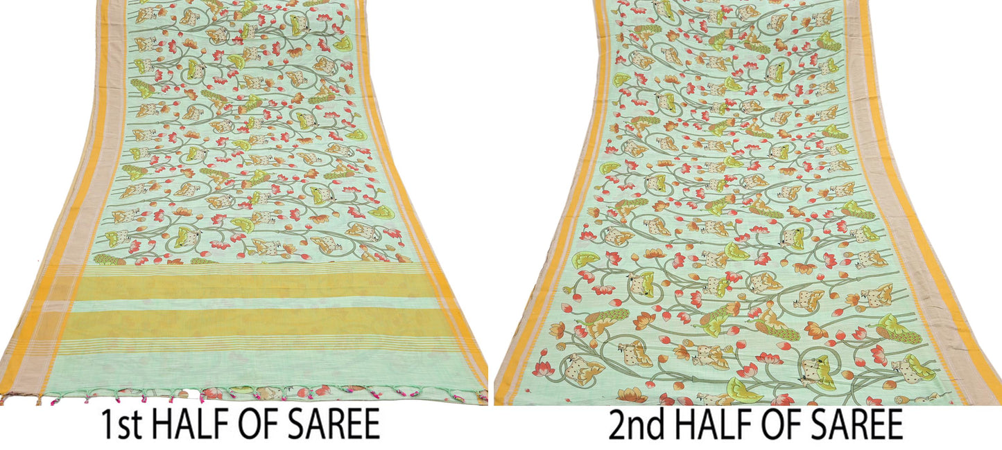 Indian Vintage sage Green Saree Pure Cotton Printed Woven Sari Craft Soft Fabric 5Yd Sewing Sarong Wrap Boho Abstract Design