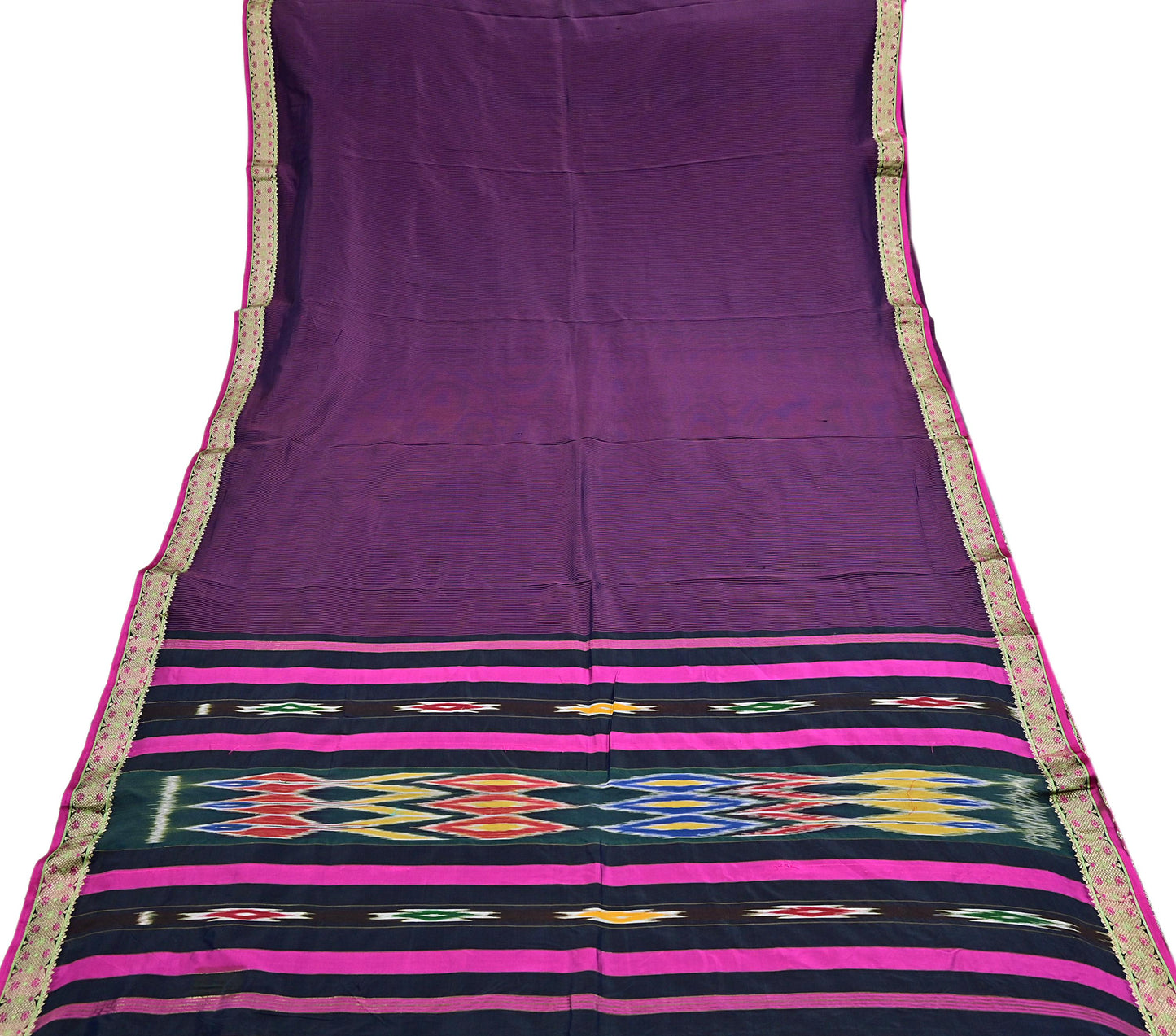 Indian Vintage Black & Pink Saree Pure Silk Hand Woven Ikat Patola Sari Fabric 5Yard Craft Ethnic Zari Border