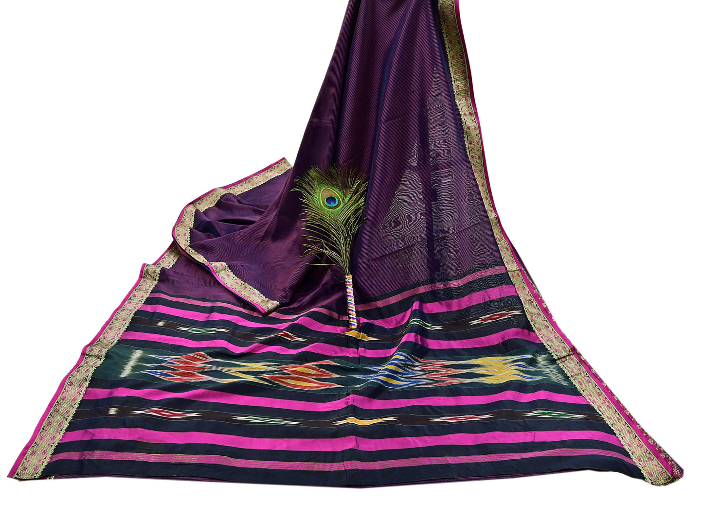 Indian Vintage Black & Pink Saree Pure Silk Hand Woven Ikat Patola Sari Fabric 5Yard Craft Ethnic Zari Border