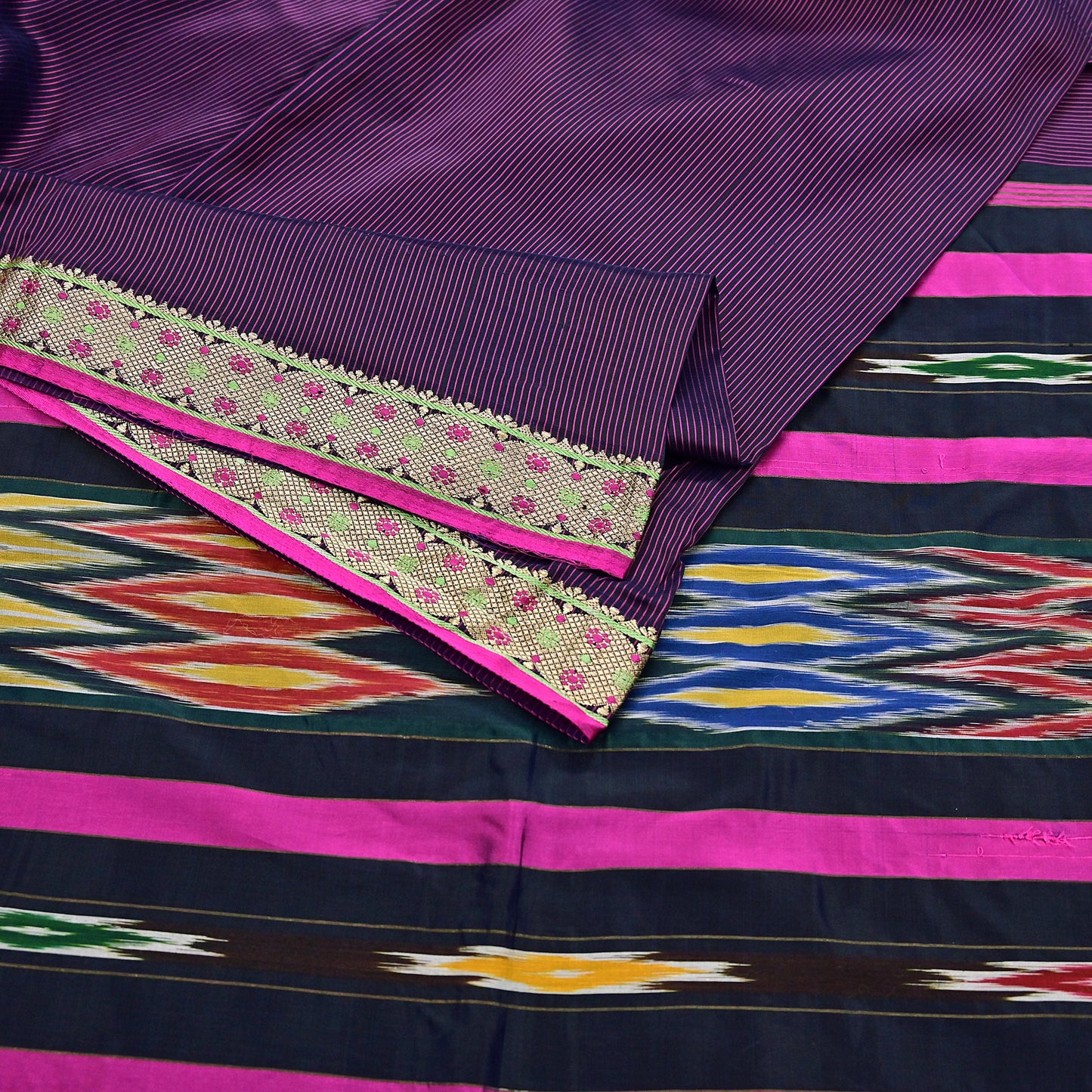 Indian Vintage Black & Pink Saree Pure Silk Hand Woven Ikat Patola Sari Fabric 5Yard Craft Ethnic Zari Border