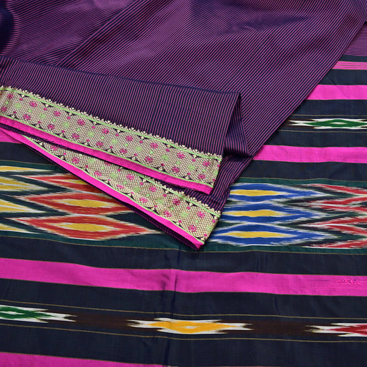 Indian Vintage Black & Pink Saree Pure Silk Hand Woven Ikat Patola Sari Fabric 5Yard Craft Ethnic Zari Border